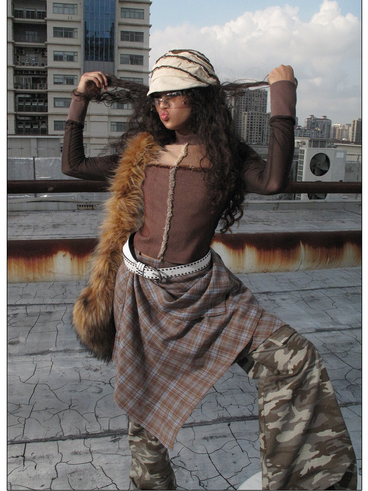NEXT PASSPORT blue plaid wrap-panel midi skirt rooftop look