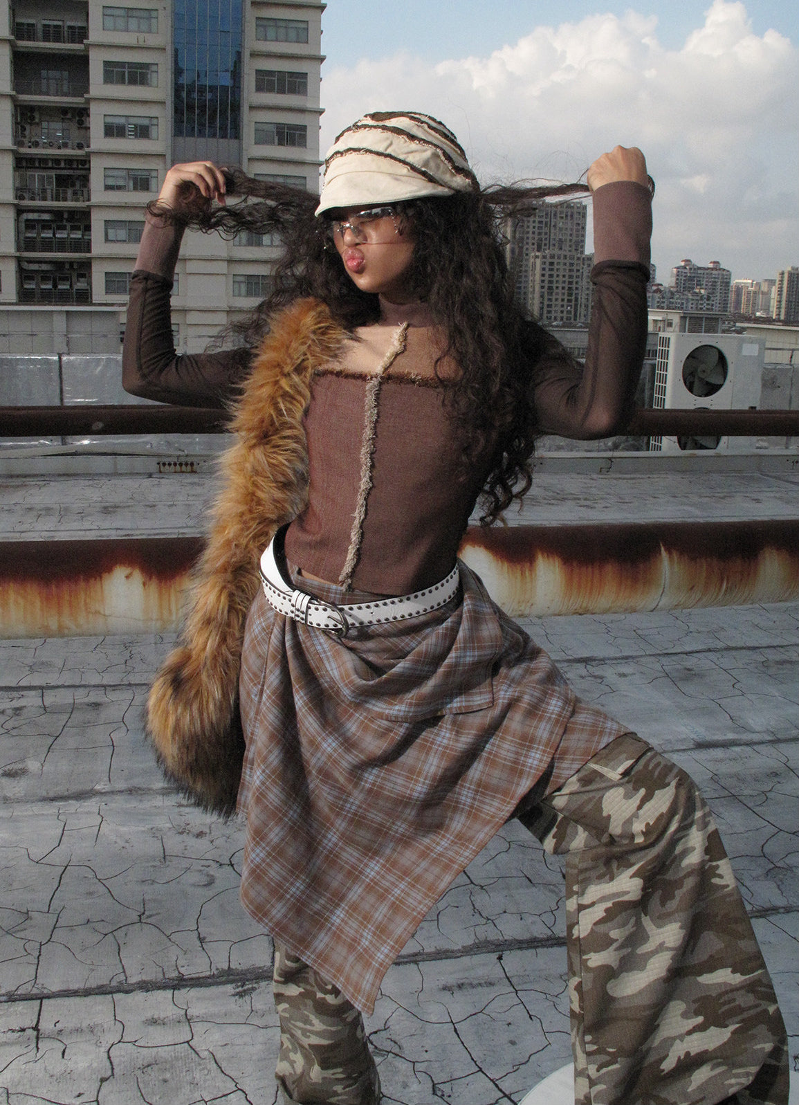 NEXT PASSPORT blue plaid wrap-panel midi skirt rooftop look