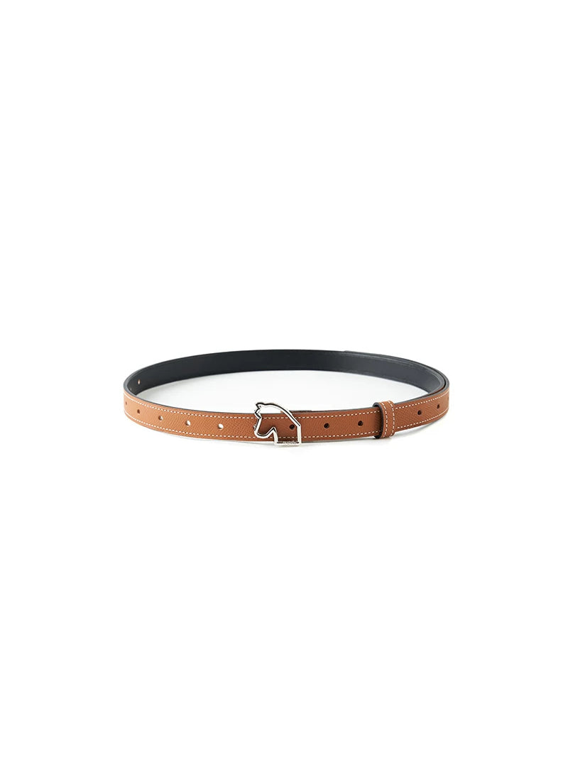 NAWS MONTAIGNE horseshoe leather belt — brown leather belt with silver-tone horseshoe buckle, product-only view
