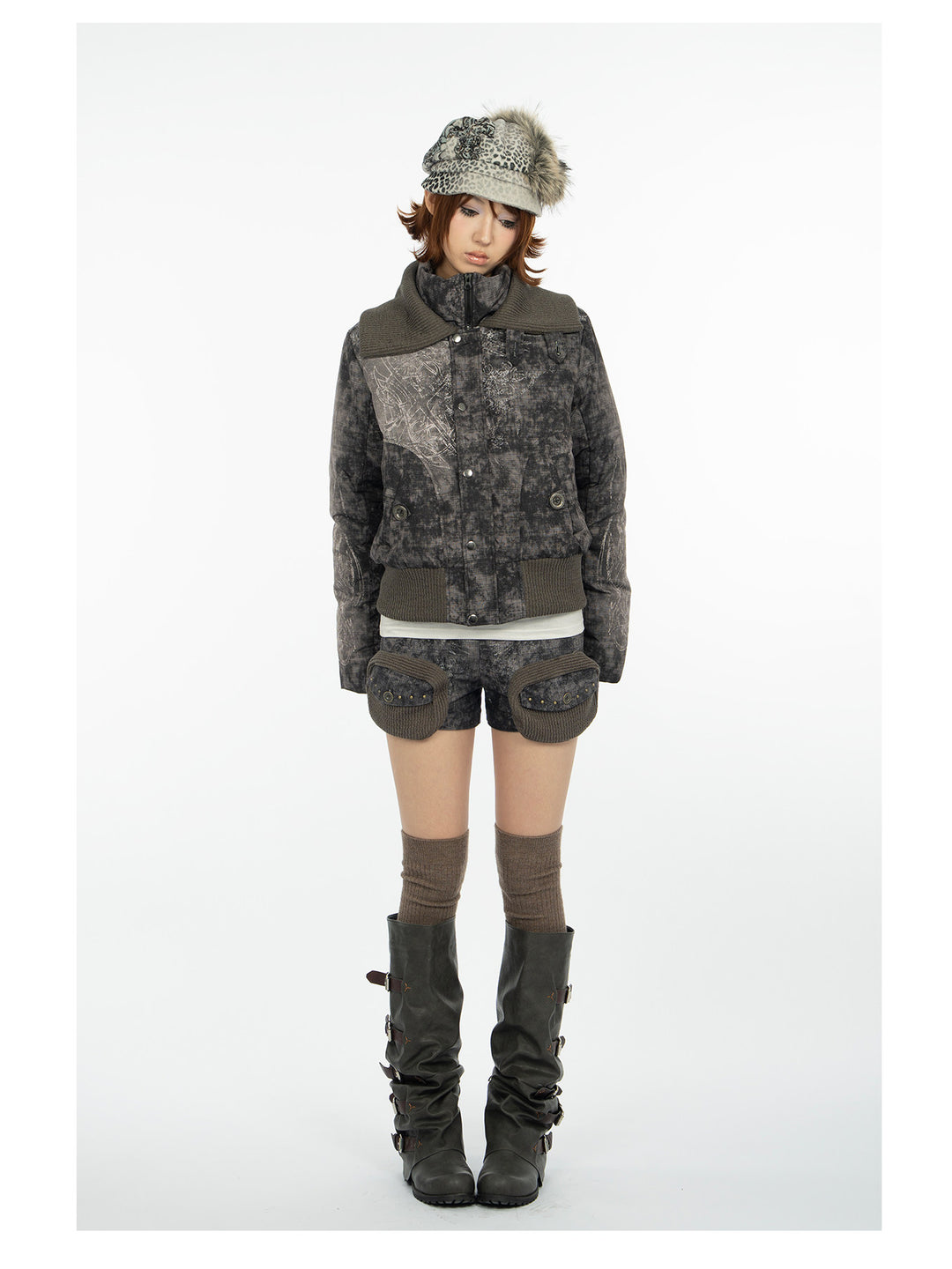 4RE1GN MYSTIC STAR knit-collar down jacket in gray multicolor — full-length modeled view with arms down