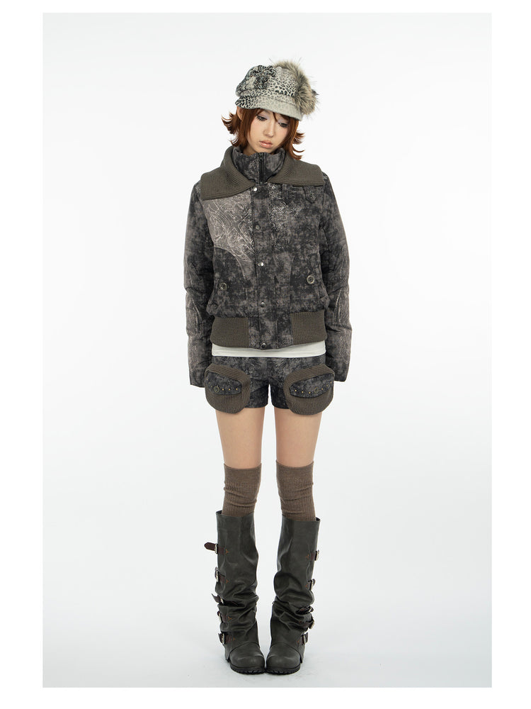4RE1GN MYSTIC STAR knit-collar down jacket in gray multicolor — full-length modeled view with arms down