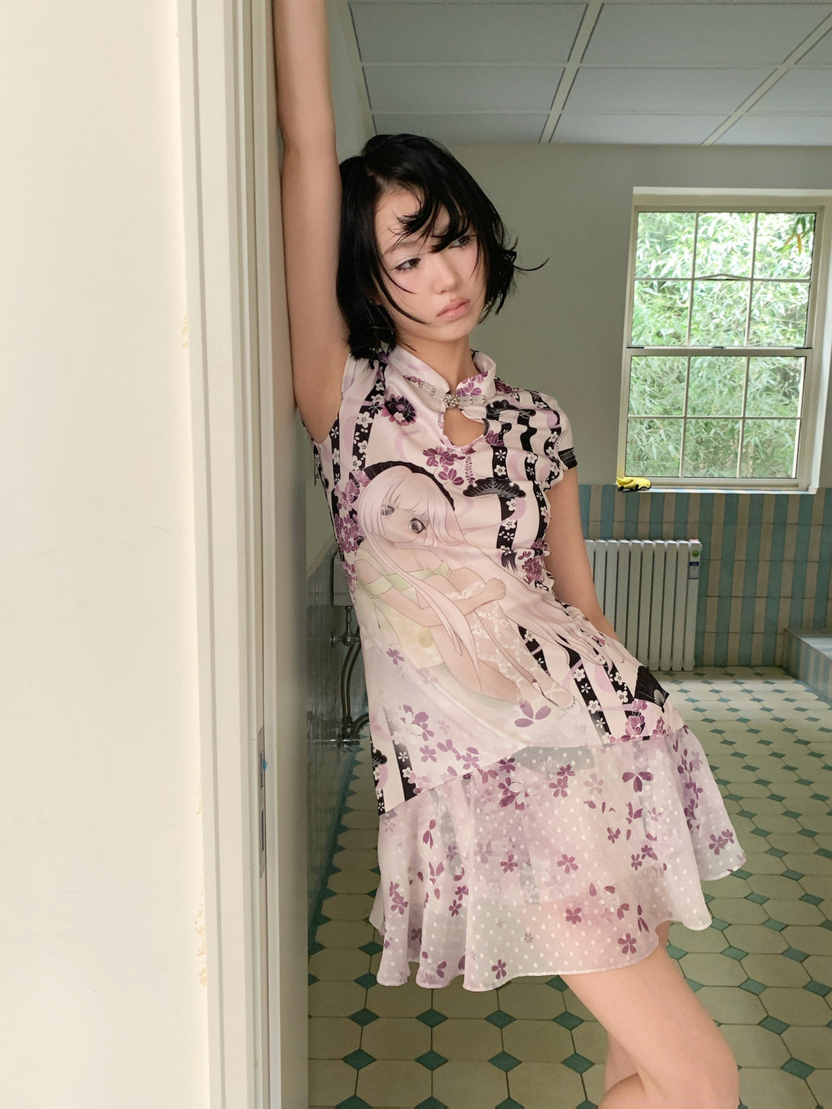 4RE1GN PURPLE MOOD mandarin-collar dress in multicolor — front modeled view with one arm raised