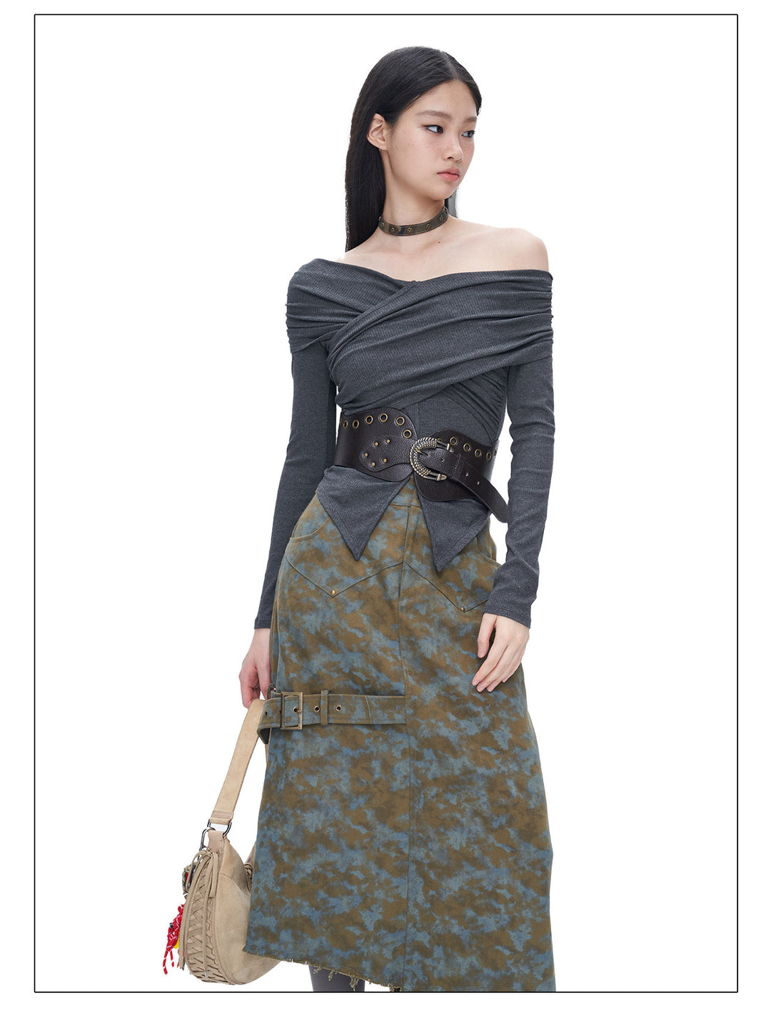 NEXT PASSPORT gray cross-pleated off-shoulder top — view 7