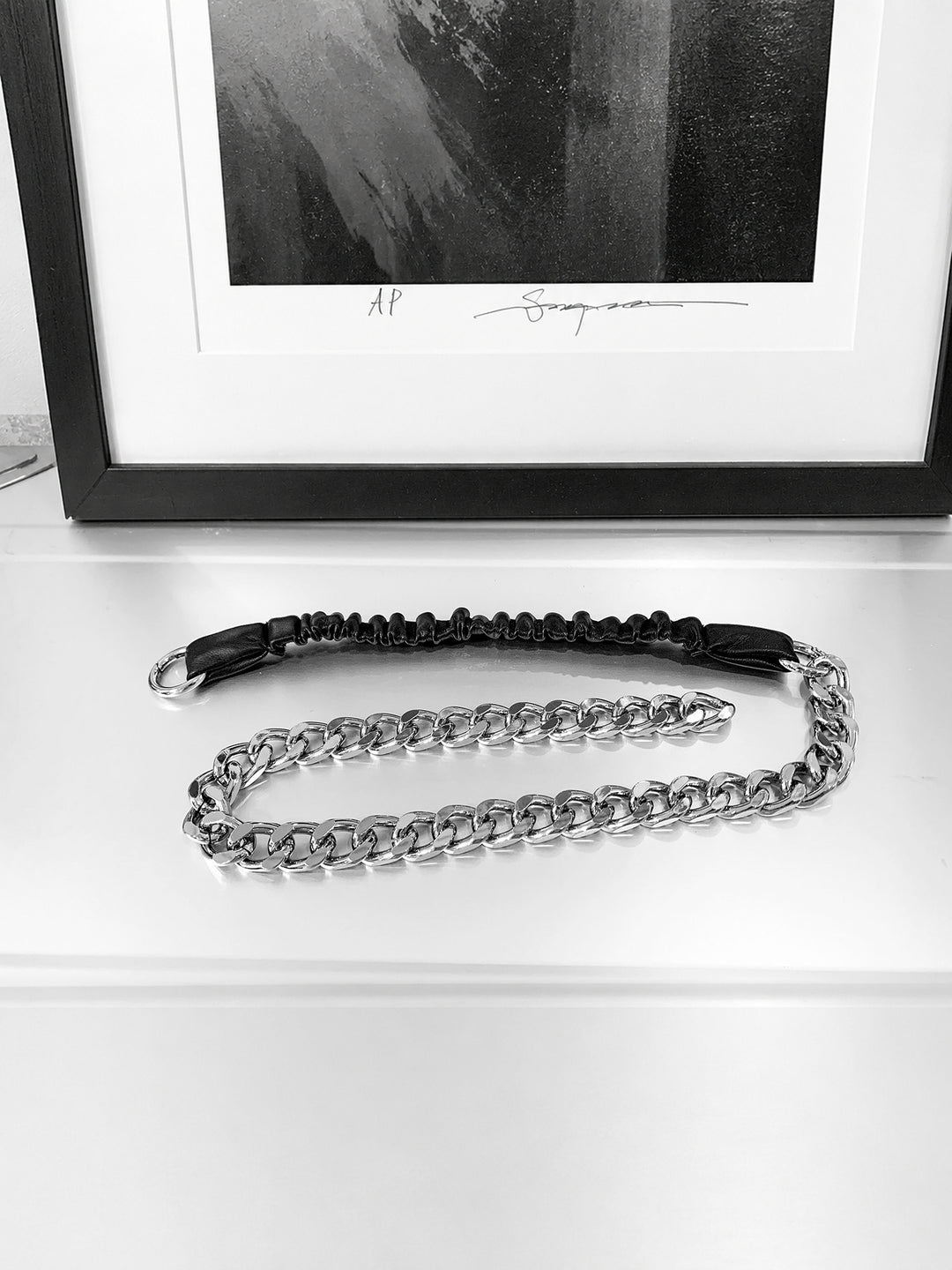 WRAVEN black gathered faux-leather and silver-tone curb-chain belt opened at one detachable round connector.