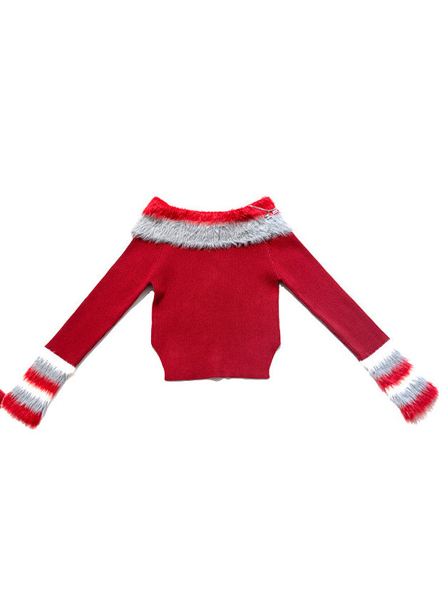 Next Passport red faux-fur collar knit pullover back product view