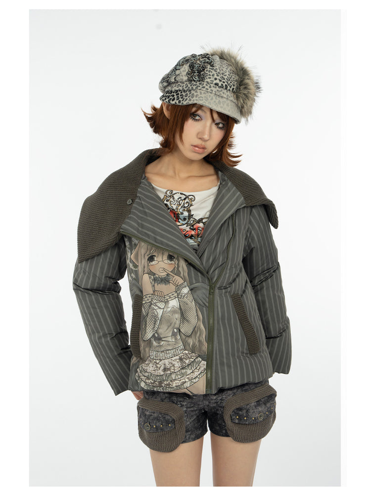 4RE1GN COMIC STRIPE asymmetric-collar down jacket in olive green — close modeled view showing the open collar and zip