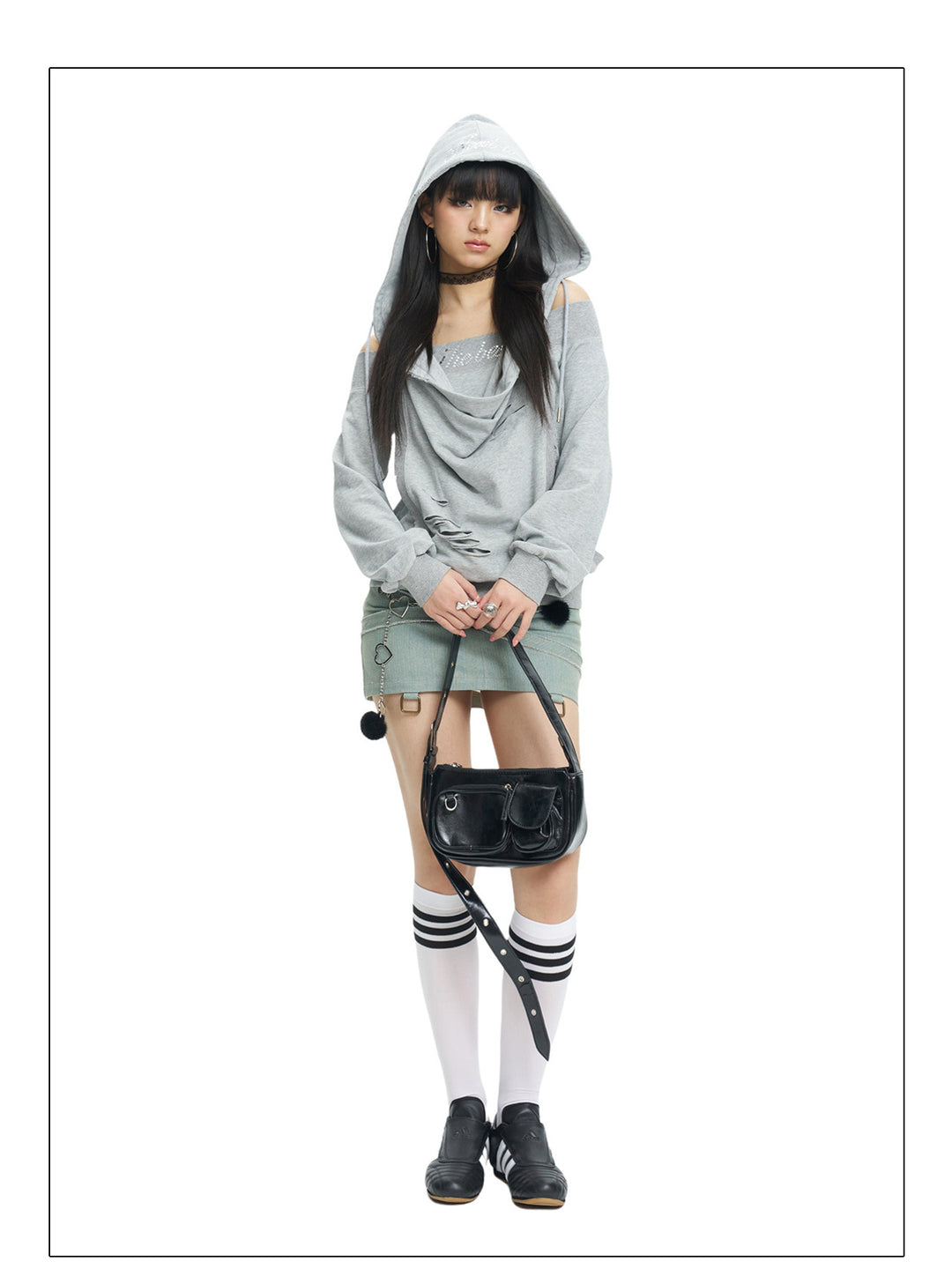 Front hood-up white-background view of the gray off-shoulder hoodie