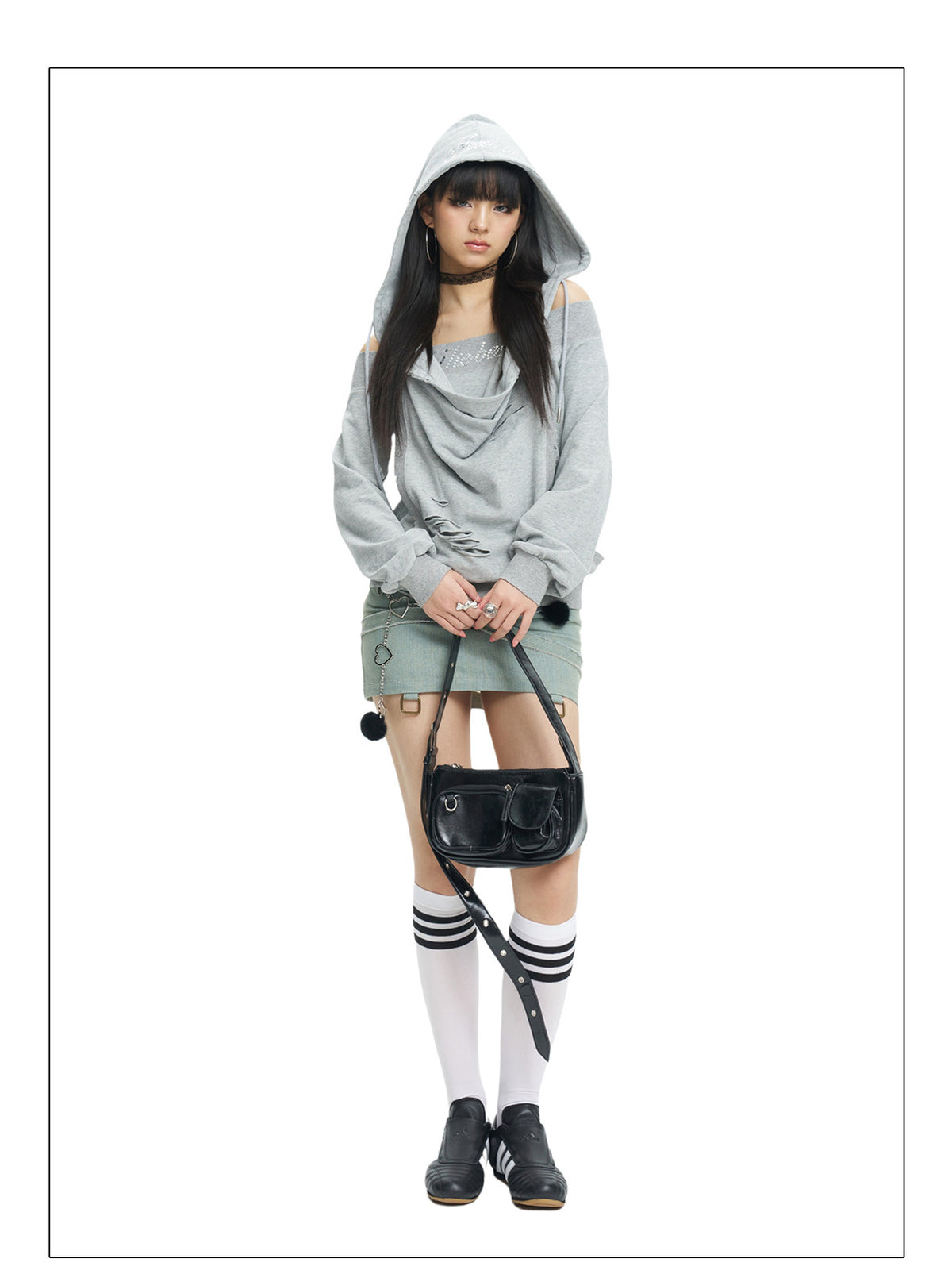 Front hood-up white-background view of the gray off-shoulder hoodie