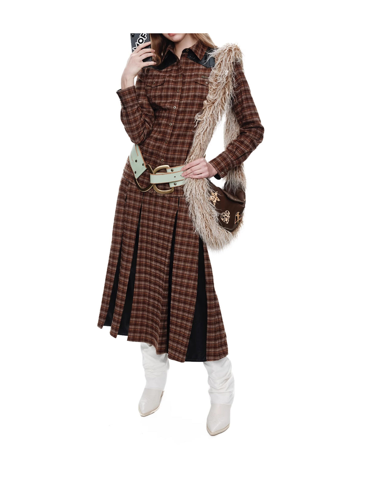 NEXT PASSPORT brown faux-leather plaid shirt — full styled look with coordinating skirt