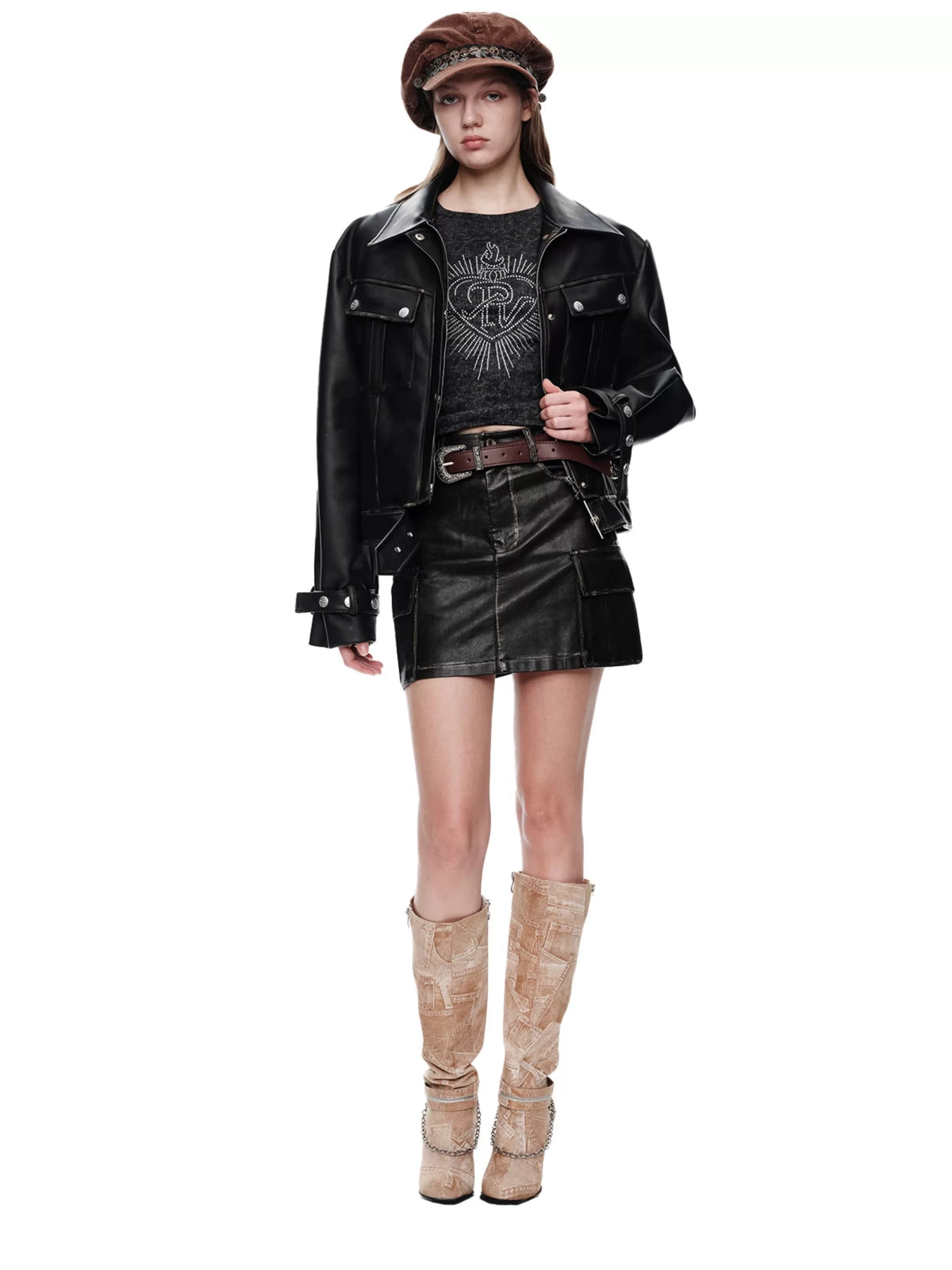 NEXT PASSPORT distressed black PU jacket and cargo-pocket mini skirt set, full outfit front view