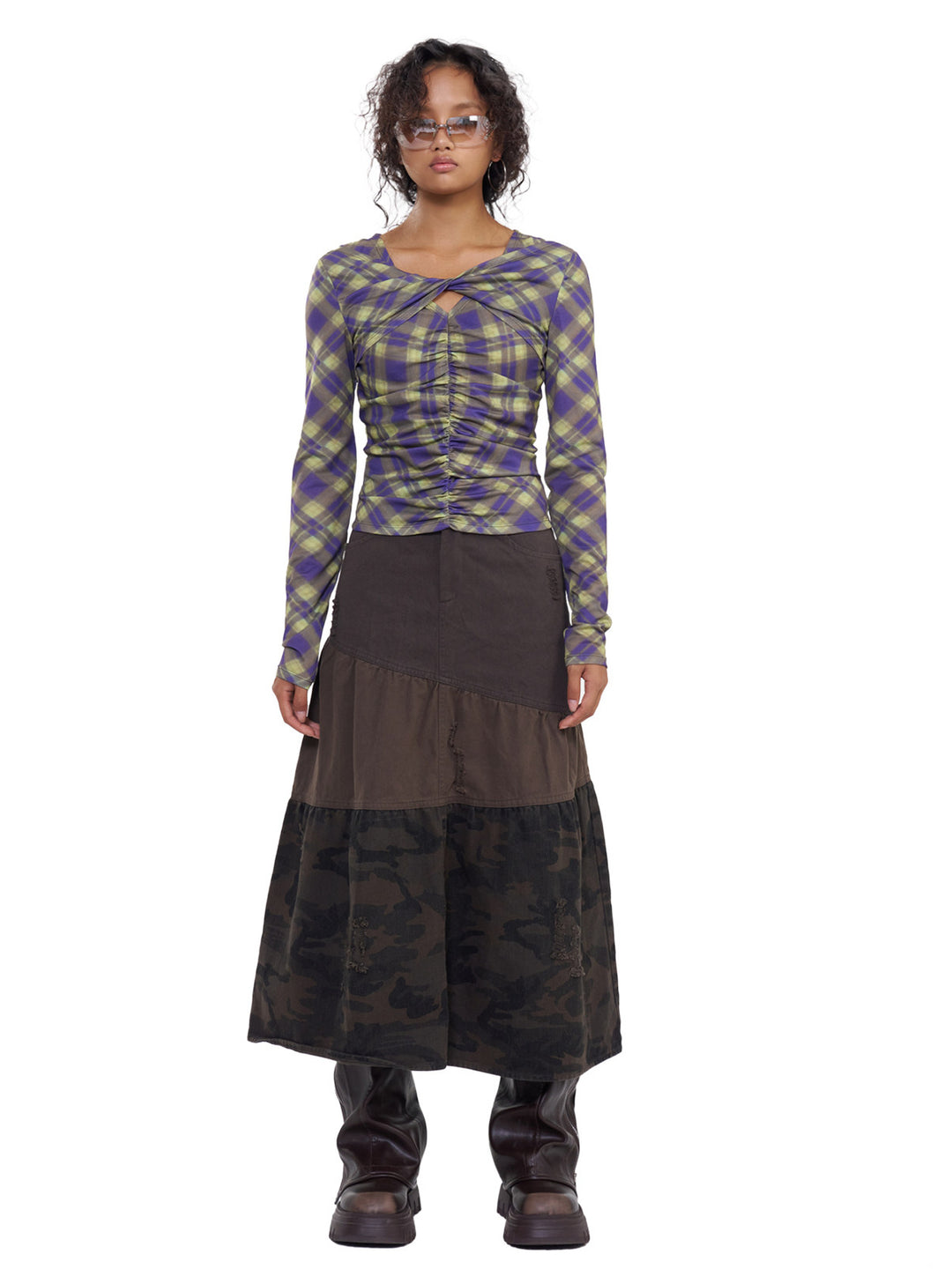 NEXT PASSPORT cross-neck ruched long-sleeve tee in green-purple plaid, full outfit
