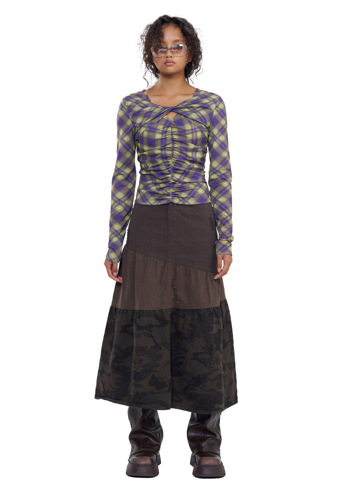 NEXT PASSPORT cross-neck ruched long-sleeve tee in green-purple plaid, full outfit
