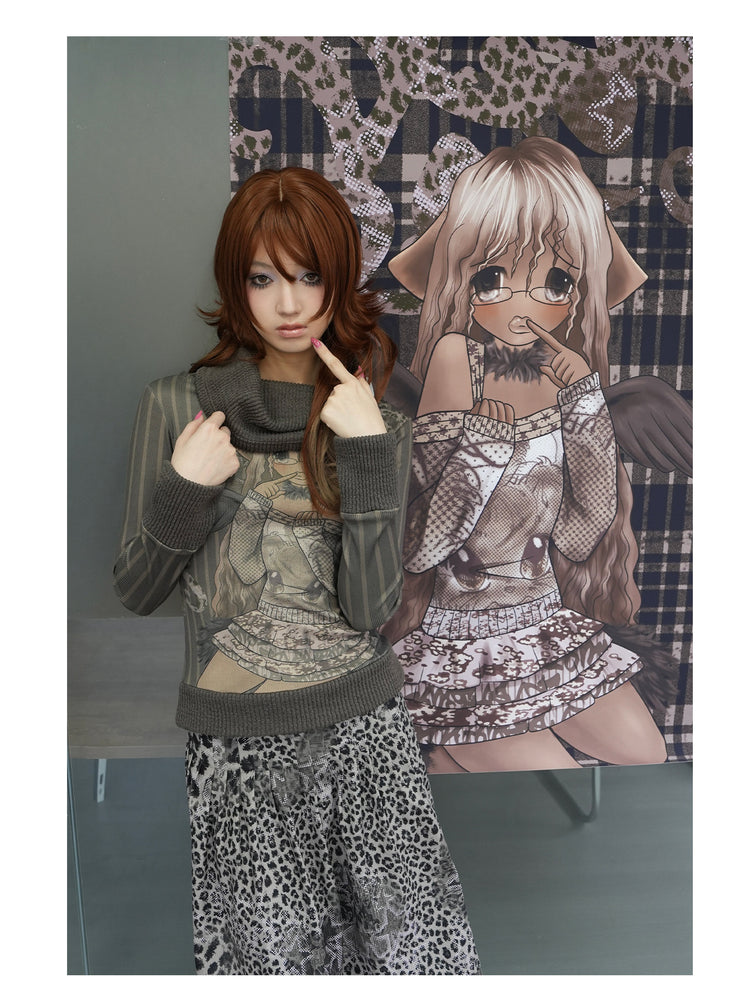 4RE1GN COMIC STRIPE scarf-neck long-sleeve tee in olive green — front modeled view styled with a leopard-print skirt