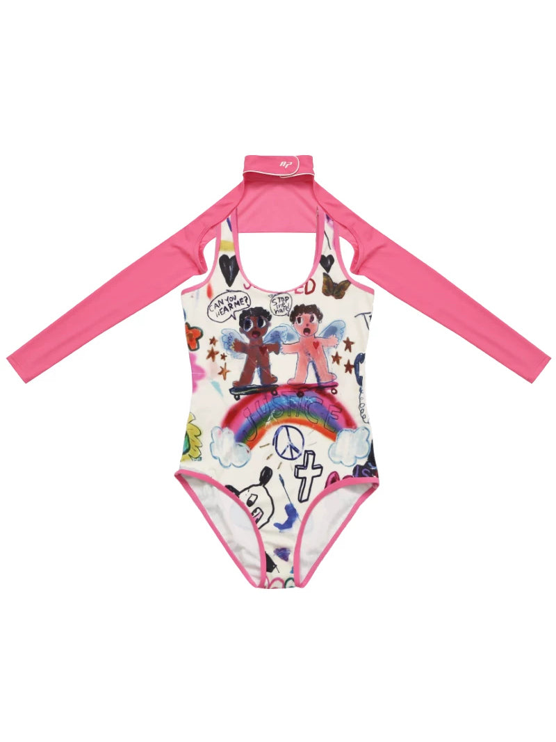NEXT PASSPORT HOT SPRING full set — garment-only front view of the graphic swimsuit with the separate pink sleeves.