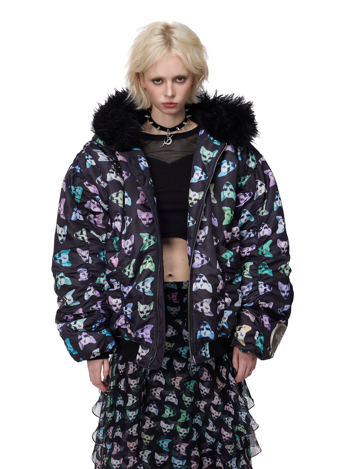 PINKSPINK CAT ALIEN faux-fur collar padded jacket — front modeled view with the jacket open and collar spread