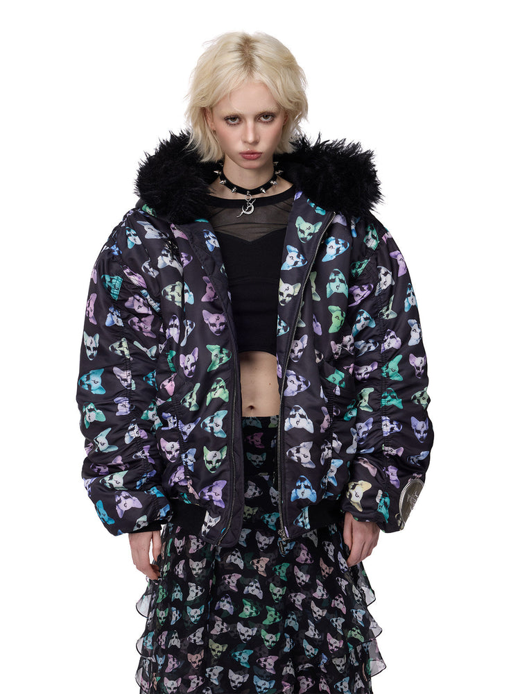 PINKSPINK CAT ALIEN faux-fur collar padded jacket — front modeled view with the jacket open and collar spread