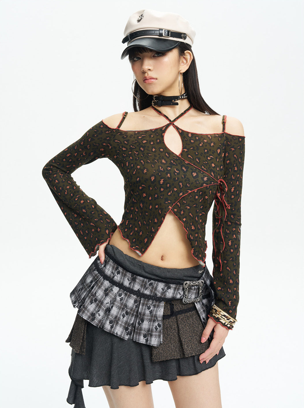 Front studio view showing the off-shoulder neckline and lace-up ties