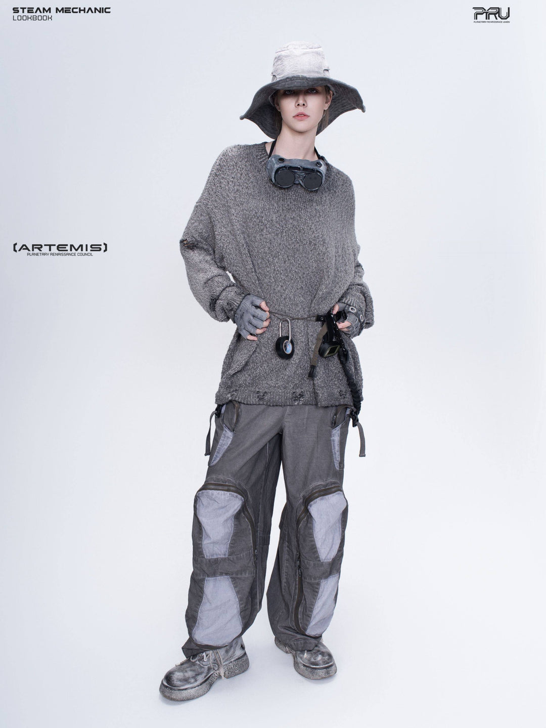 ARTEMIS distressed reversible knit sweater, moon dust gray, full front outfit view