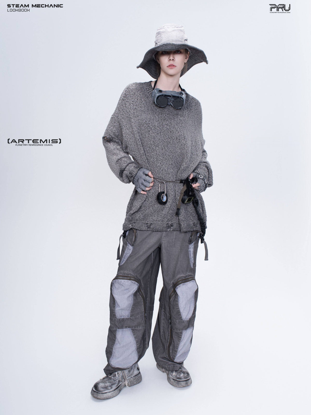ARTEMIS distressed reversible knit sweater, moon dust gray, full front outfit view
