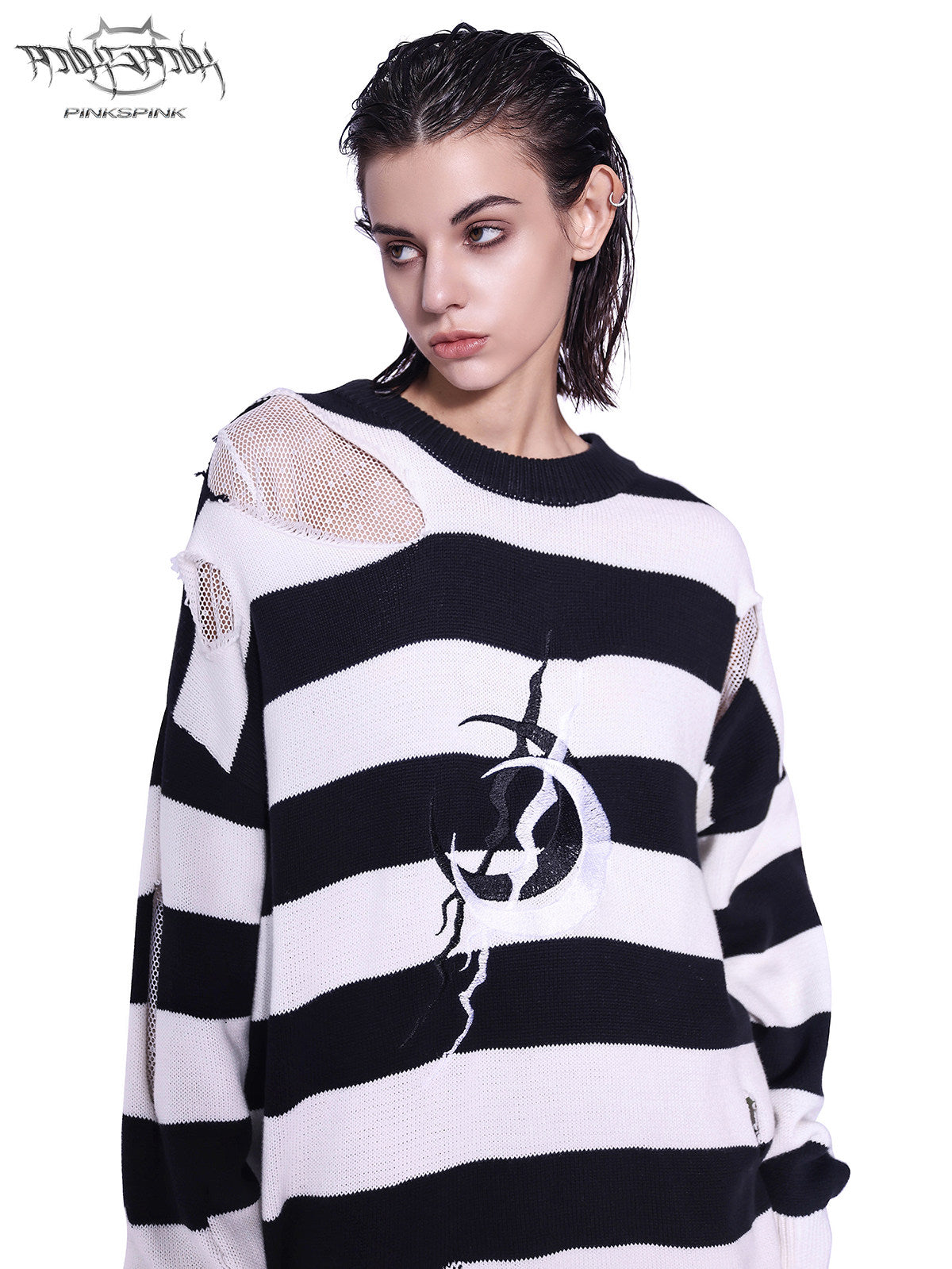 PINKSPINK ELECTRIC MOON distressed striped sweater in BLACK WHITE STRIPE — close front view of the distressed shoulder mesh and embroidery.