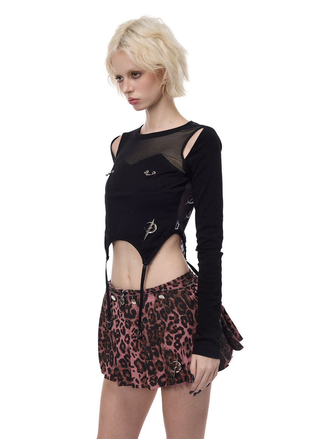 PINKSPINK PINK LEOPARD detachable faux-fur mini skirt — three-quarter modeled view showing the leopard print and flared hem