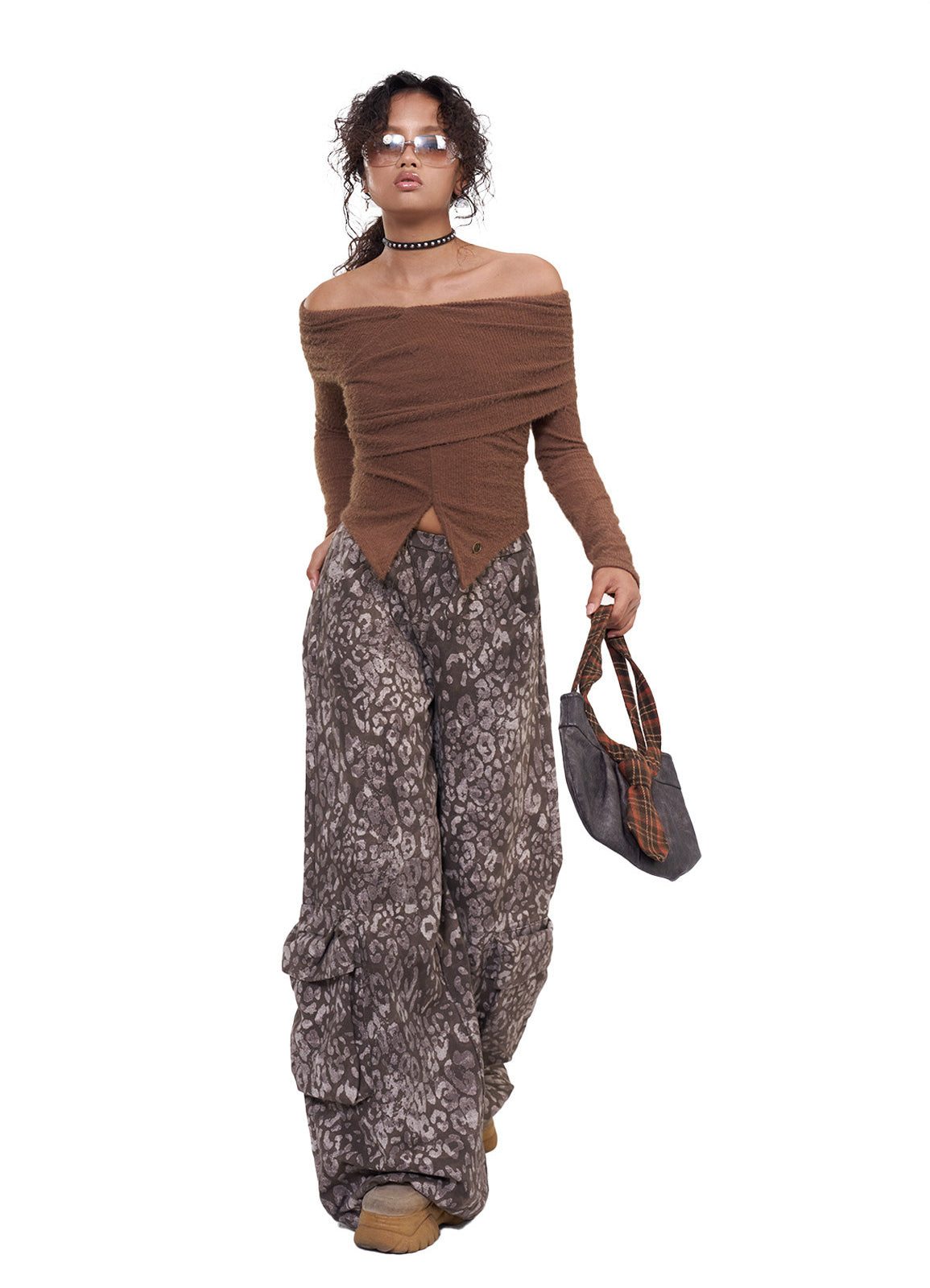 NEXT PASSPORT dark-brown twisted off-shoulder long-sleeve tee, white-background full-length front with bag