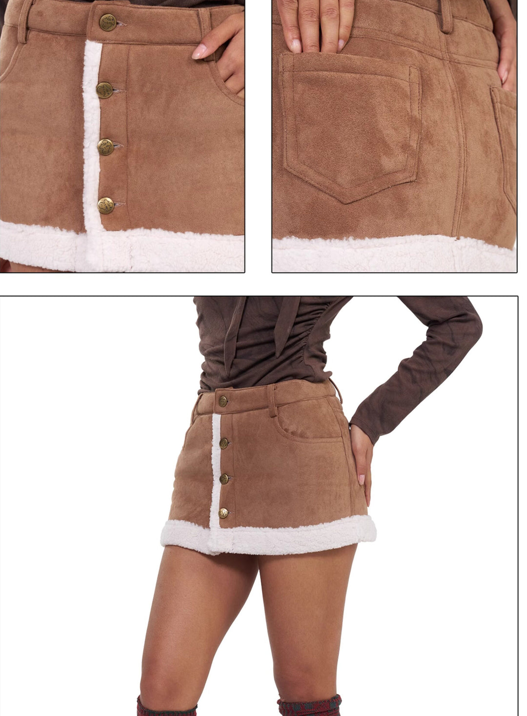 NEXT PASSPORT brown faux-shearling mini skirt, multi-panel construction detail collage