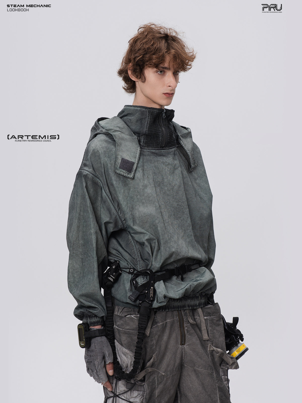 STEAM FUNCTION PIONEER moon-blue mesh hoodie, angled front close view showing the elastic hem and hood