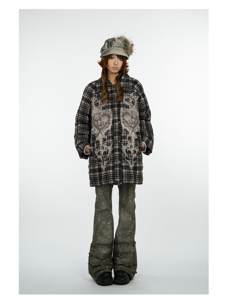 4RE1GN BEARHEART plaid long down coat in brown multicolor — full-length modeled view with the furry collar removed and printed trousers