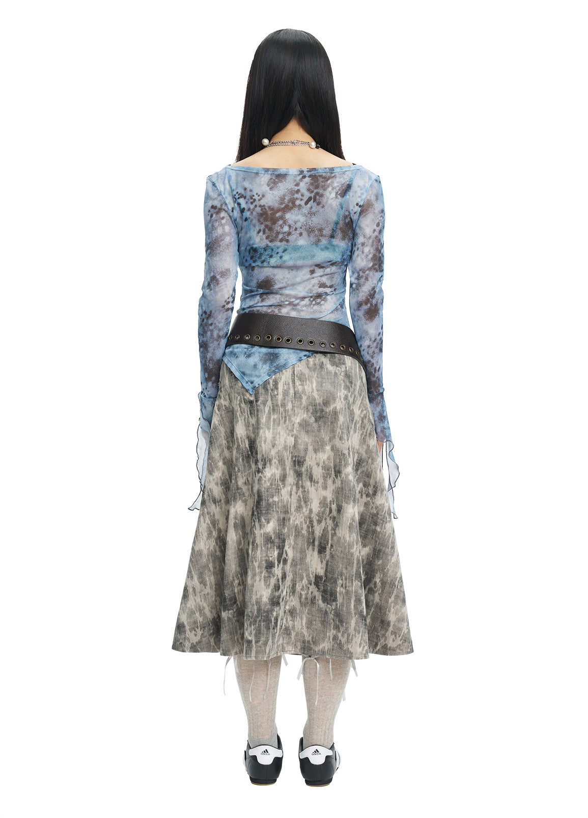 NEXT PASSPORT gray crinkled-print midi skirt full back styling view.