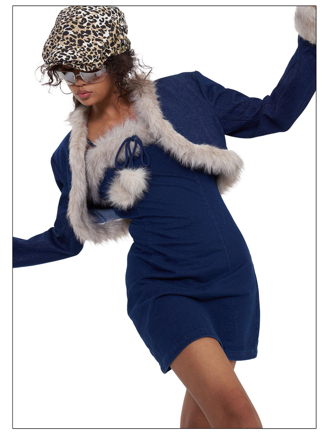 NEXT PASSPORT denim faux-fur cardigan cardigan close styling view.