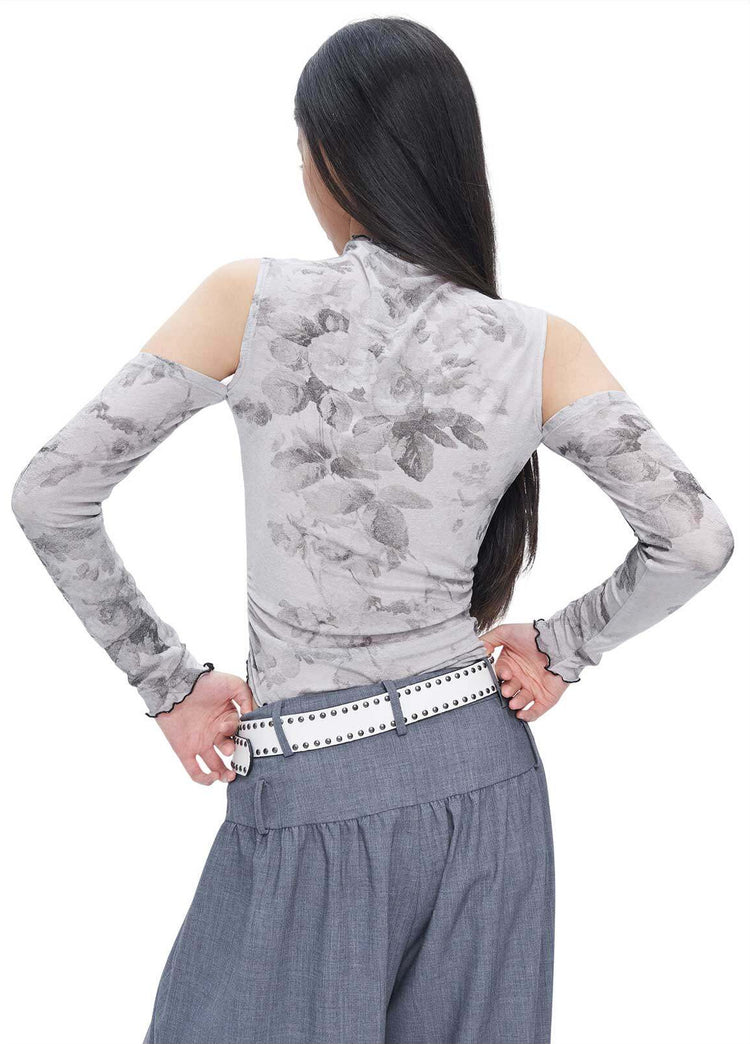 NEXT PASSPORT gray ink-print asymmetric off-shoulder top