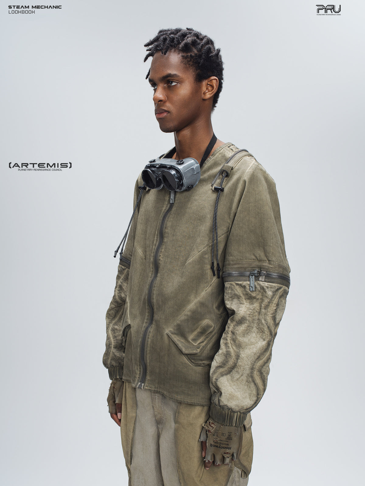 STEAM FUNCTION PIONEER mercury-brown detachable-sleeve jacket, opposite-side close-up with sleeves attached