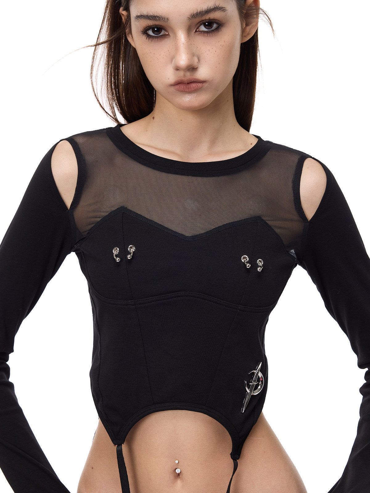 PINKSPINK ELECTRIC MOON reconstructed mesh tee — front close modeled view with hands at the waist