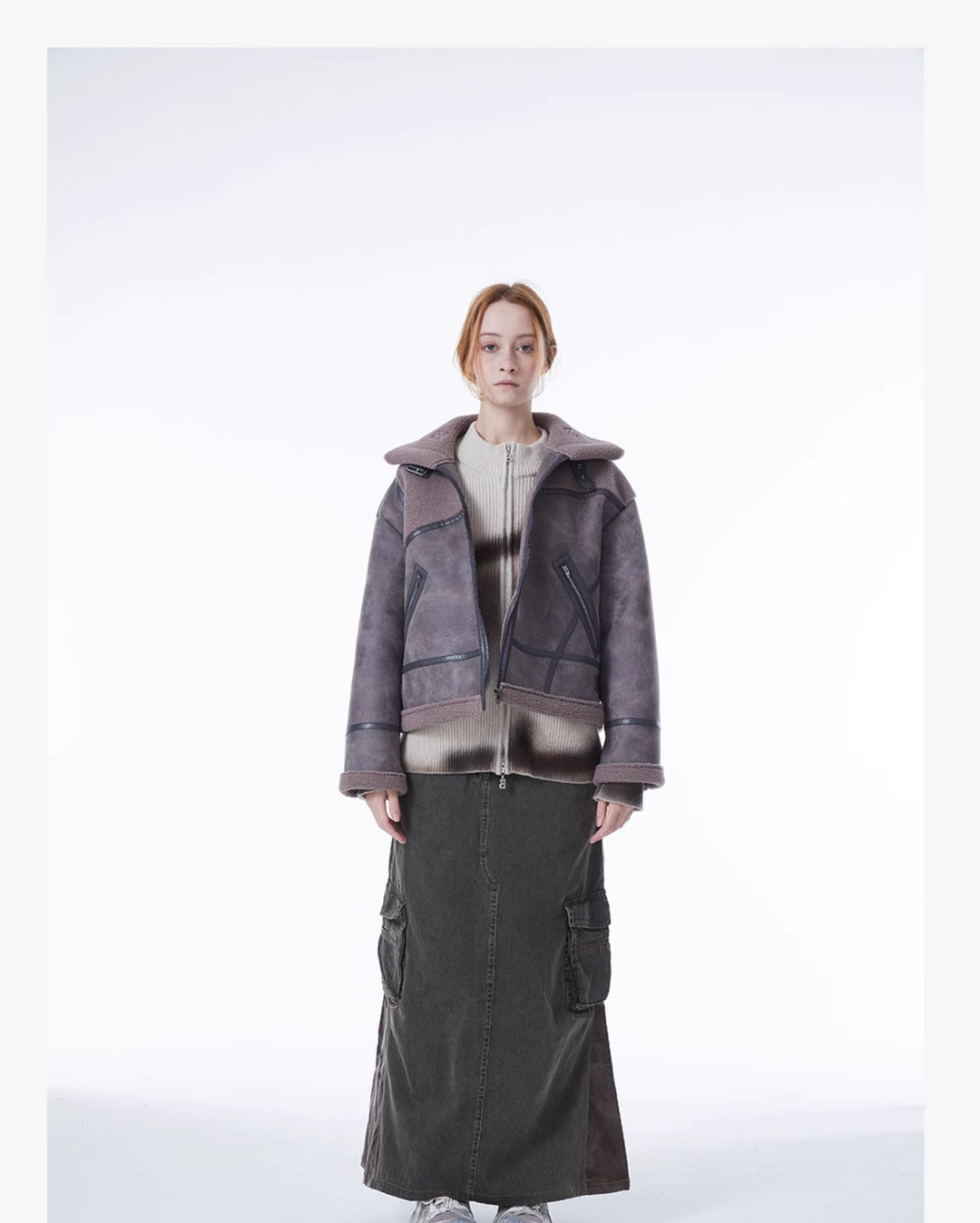 ERRORCODE ROBOT gray-purple paneled faux-shearling jacket, full-length front modeled view