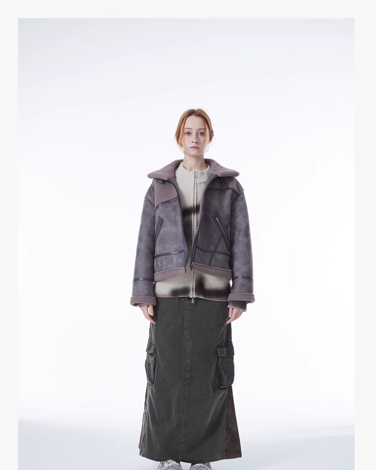 ERRORCODE ROBOT gray-purple paneled faux-shearling jacket, full-length front modeled view
