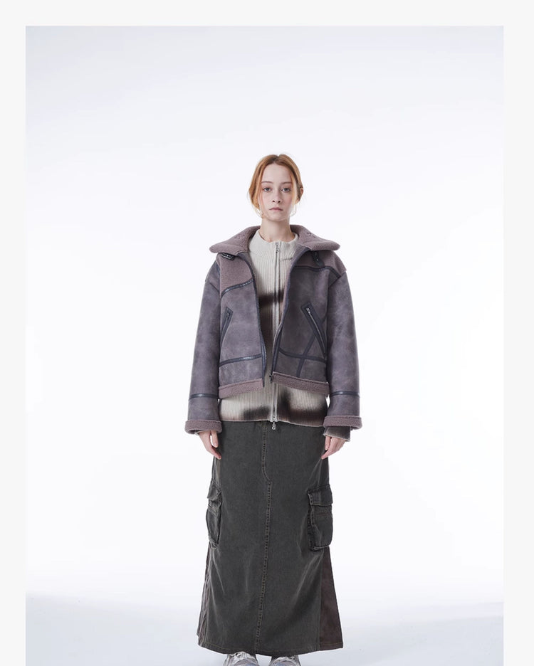 ERRORCODE ROBOT gray-purple paneled faux-shearling jacket, full-length front modeled view