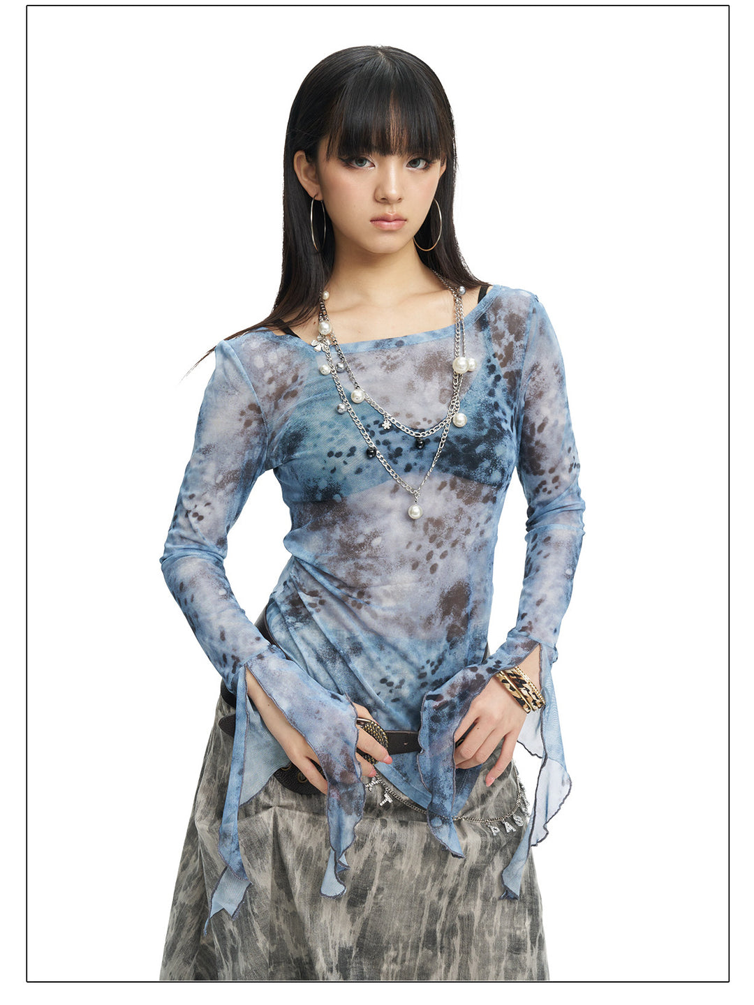 NEXT PASSPORT blue-gray printed mesh asymmetric long-sleeve top, photo 7