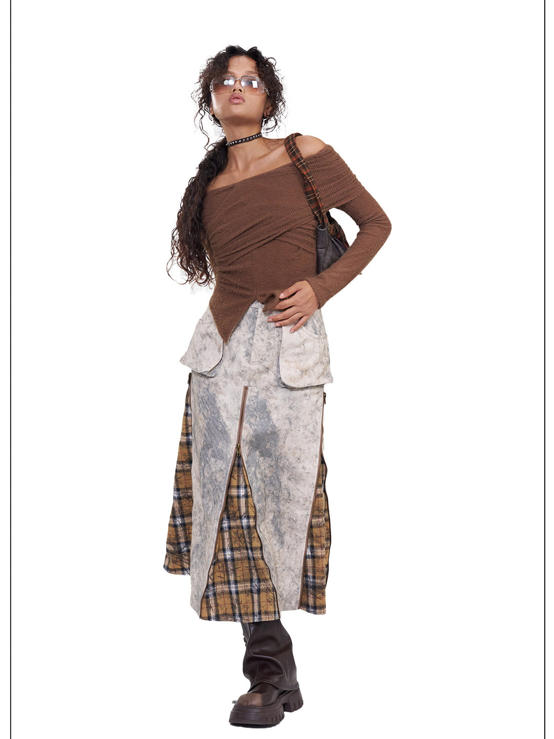 NEXT PASSPORT dark-brown twisted off-shoulder long-sleeve tee, white-background side pose