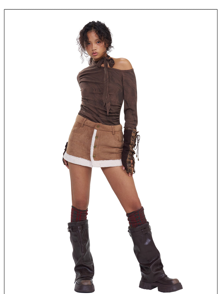 NEXT PASSPORT brown faux-shearling mini skirt, full-length three-quarter studio pose