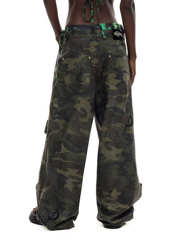 PINKSPINK DOUBLE STACK distressed camouflage wide-leg jeans — back waist-to-hem modeled view showing the camouflage and wide fit