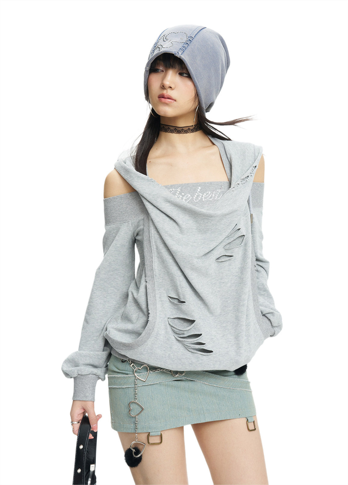Three-quarter white-background view of the gray rhinestone hoodie