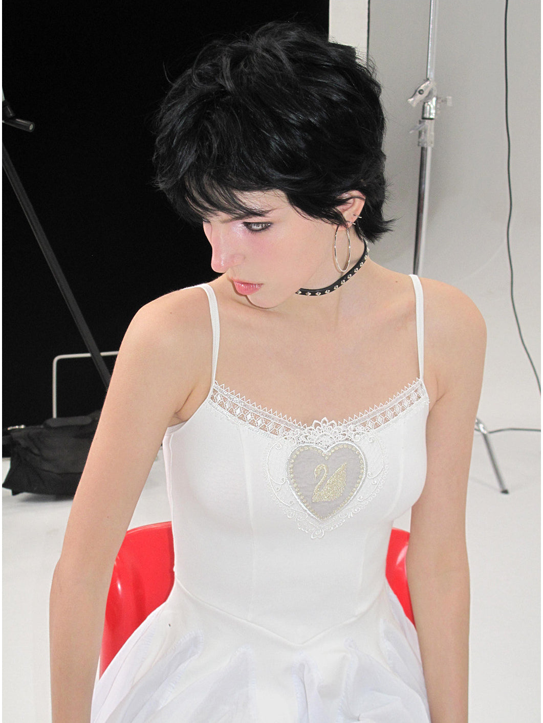 NEXT PASSPORT swan-embroidered lace ballet dress in ivory — short camisole bodice and swan embroidery detail.