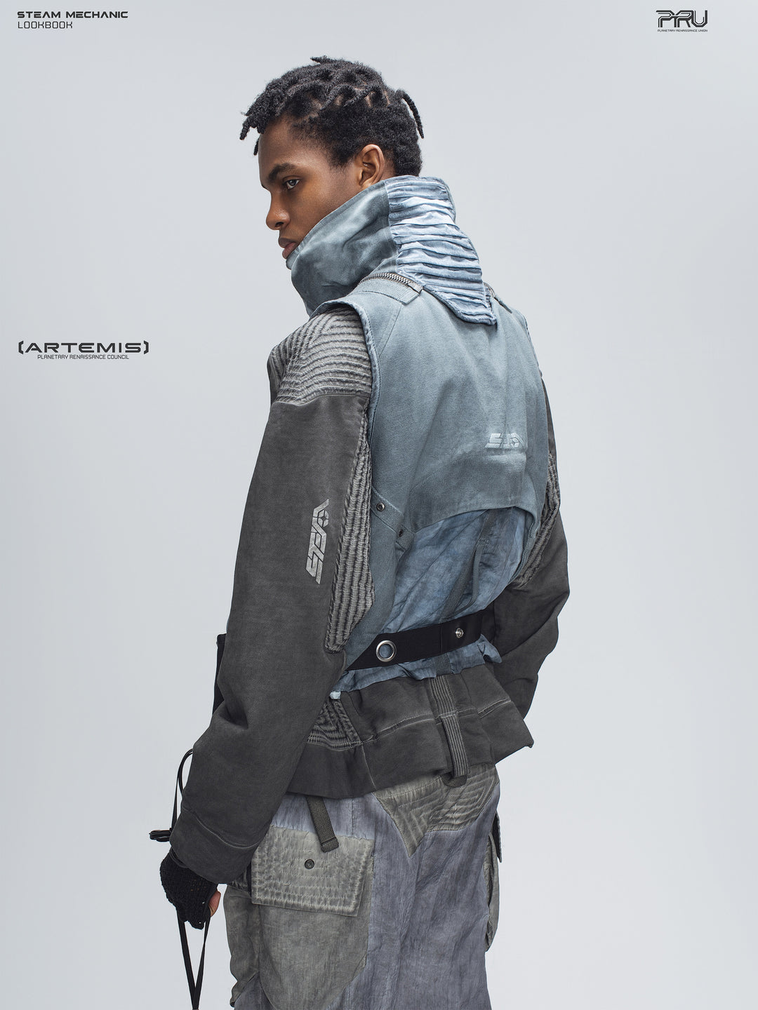 FISSION modular vest in star blue, rear three-quarter close view of the collar and back panel