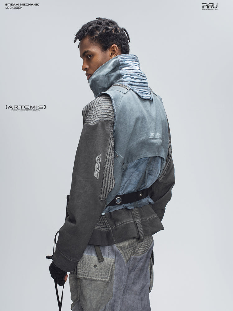 FISSION modular vest in star blue, rear three-quarter close view of the collar and back panel