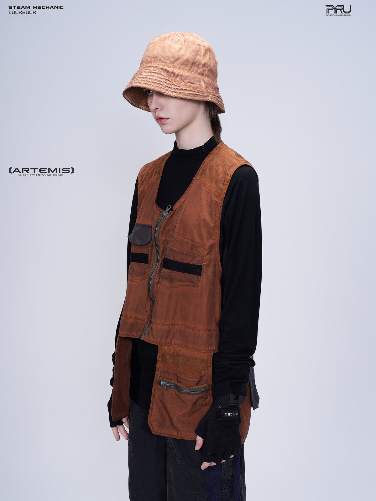 PIONEER sedna-red multi-pocket vest, left-facing modeled view of the seven-pocket design