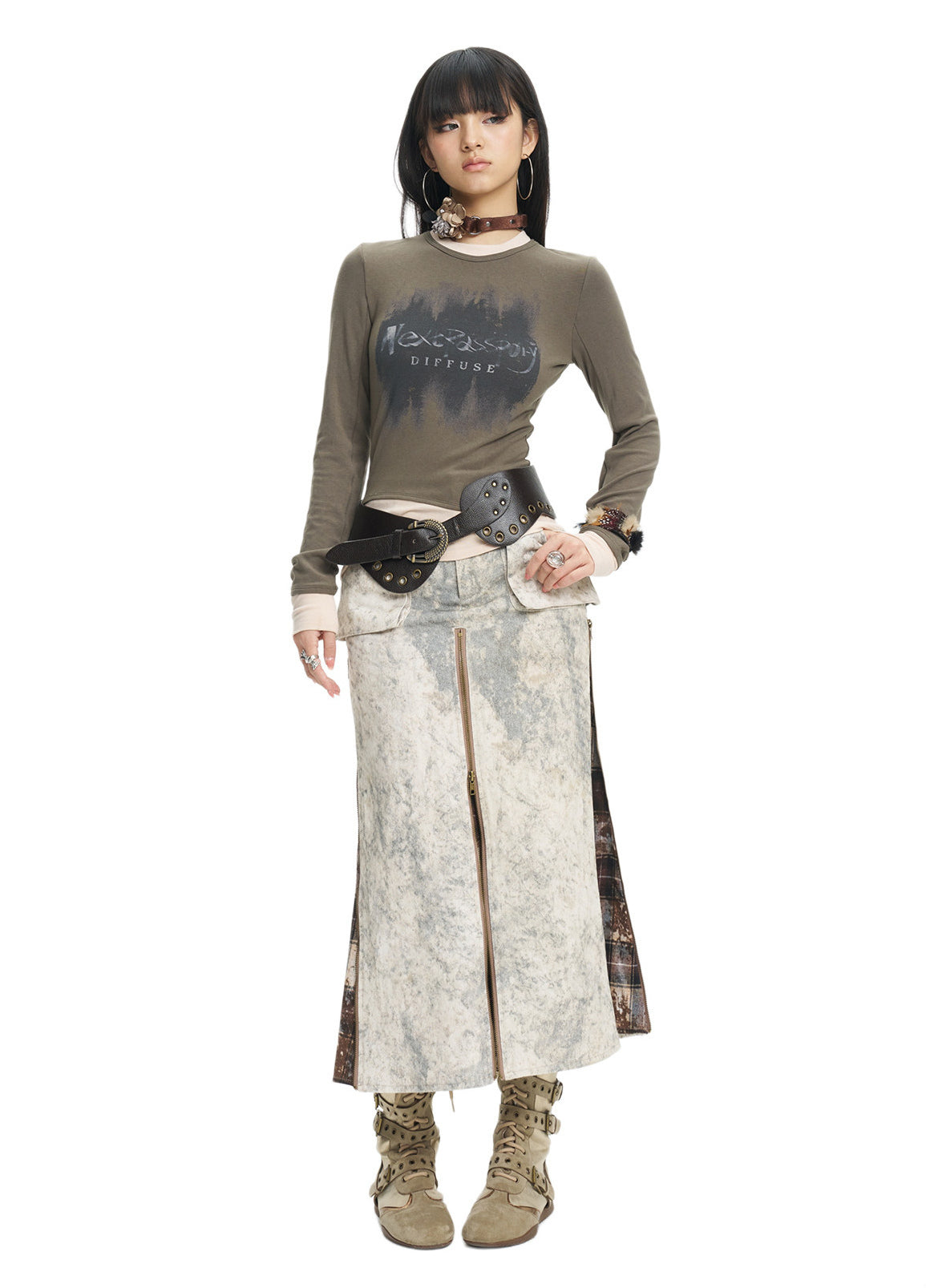 Full-length olive-top view of the Next Passport zip midi skirt