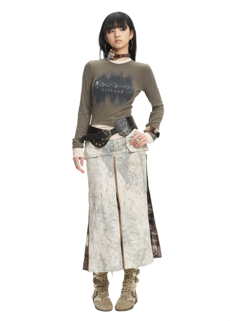 Full-length olive-top view of the Next Passport zip midi skirt