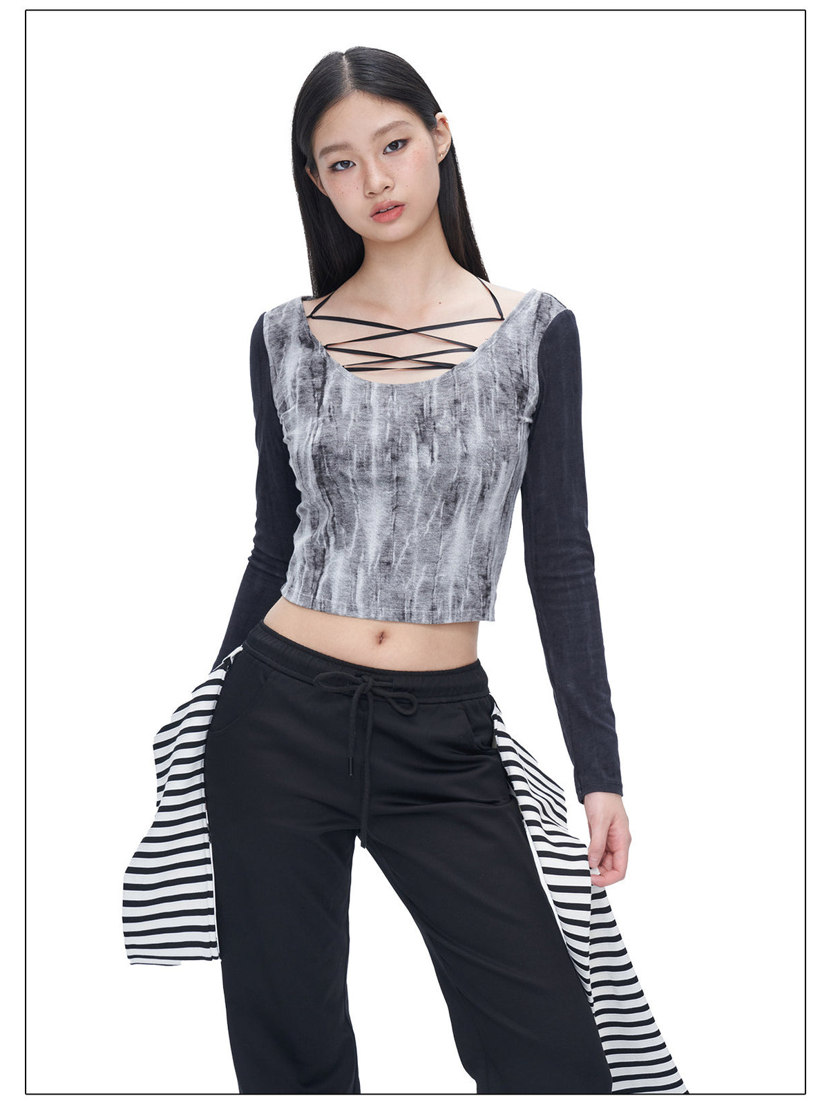 Front studio view of the black tie-dye lace-up U-neck crop tee.