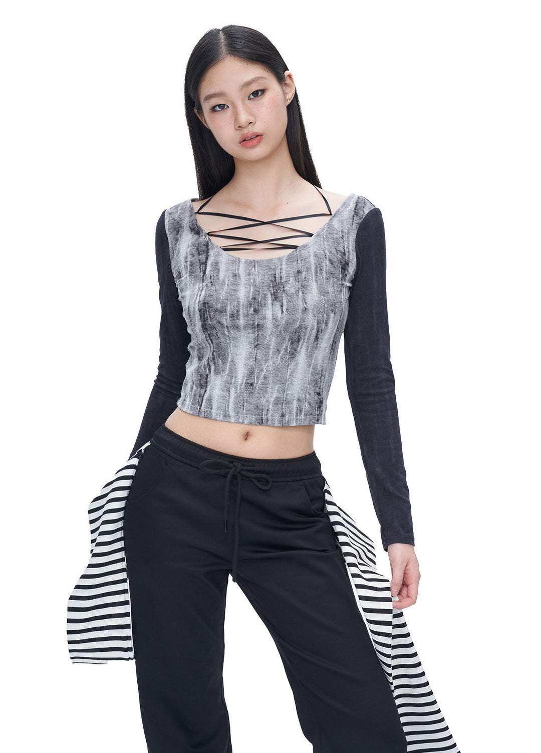 Front studio view of the black tie-dye lace-up U-neck crop tee.